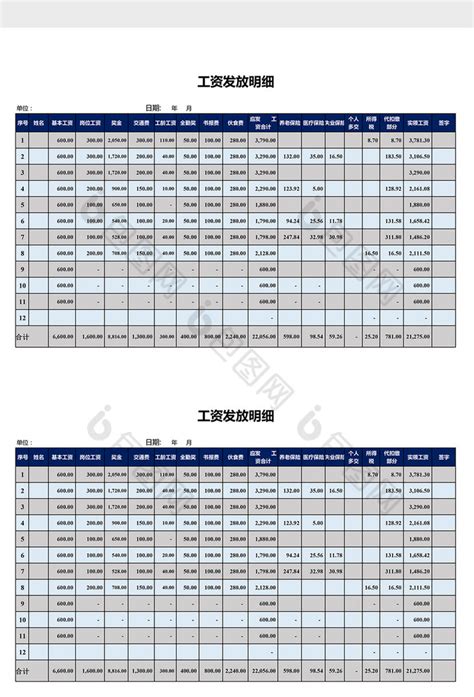 中国农业银行工资表格明细表