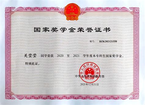 北京化工大学国家励志奖学金证书